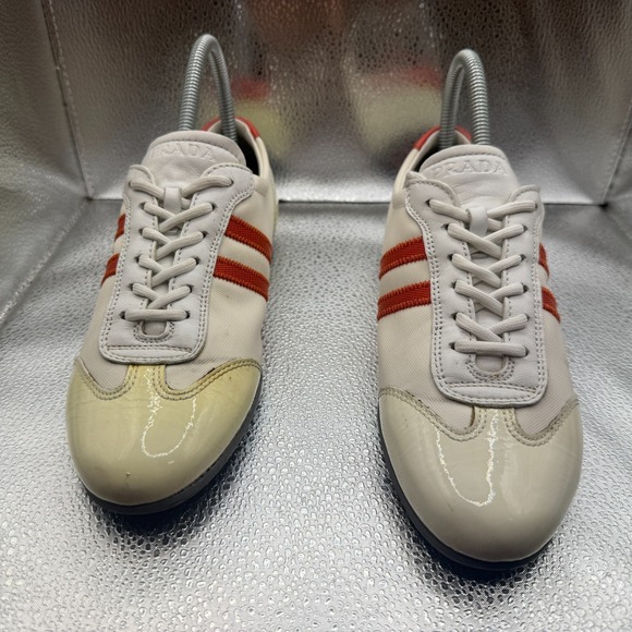 Size EU 36 Prada Cream Red Stripe Mens Canvas Suede Leather Low Top Sneakers - Picture 3 of 10